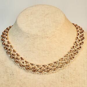 Vintage Collar Necklace Multi Strand Gold Tone Fuax Pearls Interwoven Beads